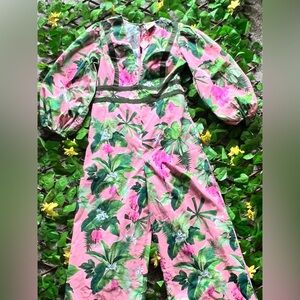 NWT Farm Rio X Anthropologie Jumpsuit Womens  Deep V Pink Palm Leaf Resort - L